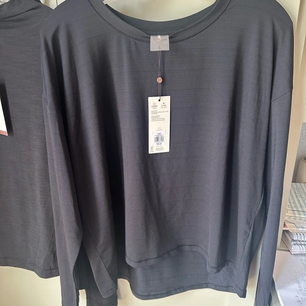 NWT CALIA by Carrie Underwood Pointelle Black LS Workout Tee Sz L - Picture 1 of 8